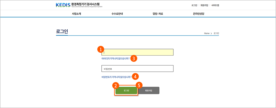 1. 아이디와 비밀번호 입력
1. 아이디와 비밀번호를 입력한 후
2. “로그인"버튼을 클릭합니다. → “개인인증” 화면으로 이동
3. 혹, 아이디가 생각나지 않을 경우에는 “아이디가 기억나지 않습니까?” 를 클릭합니다.
4. 또, 비밀번호가 생각나지 않을 경우에 “비밀번호가 기억나지 않습니까?” 를 클릭합니다.
5. 또한, “회원가입” 버튼을 클릭하여 회원가입 화면으로 이동합니다.
