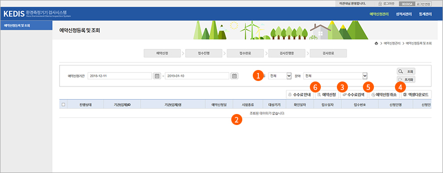 1. 예약신청등록 및 조회
1. 예약신청기간, 시험종류, 분야 등 조회조건을 조정하여 예약신청정보를 조회합니다.
2. 조회조건에 알맞은 예약신청 정보가 조회됩니다.
3. 예약신청정보를 등록하는 화면으로 이동합니다.
4. 취소할 예약신청정보를 선택한 후, “예약신청취소” 버튼을 클릭하면 선택한 정보가 삭제됩니다.
5. 시험검사에 대한 수수료정보를 검색합니다.
6. 시험·검사에 대한 예약신청한 자료를 선택한 후, “수수료안내” 버튼을 클릭하면 산정된 수수료가 조회됩니다.